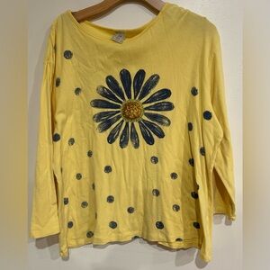 Jess & Jane Yellow Floral Happy Days Blouse 2x Made in USA Polka Dot Plus Size